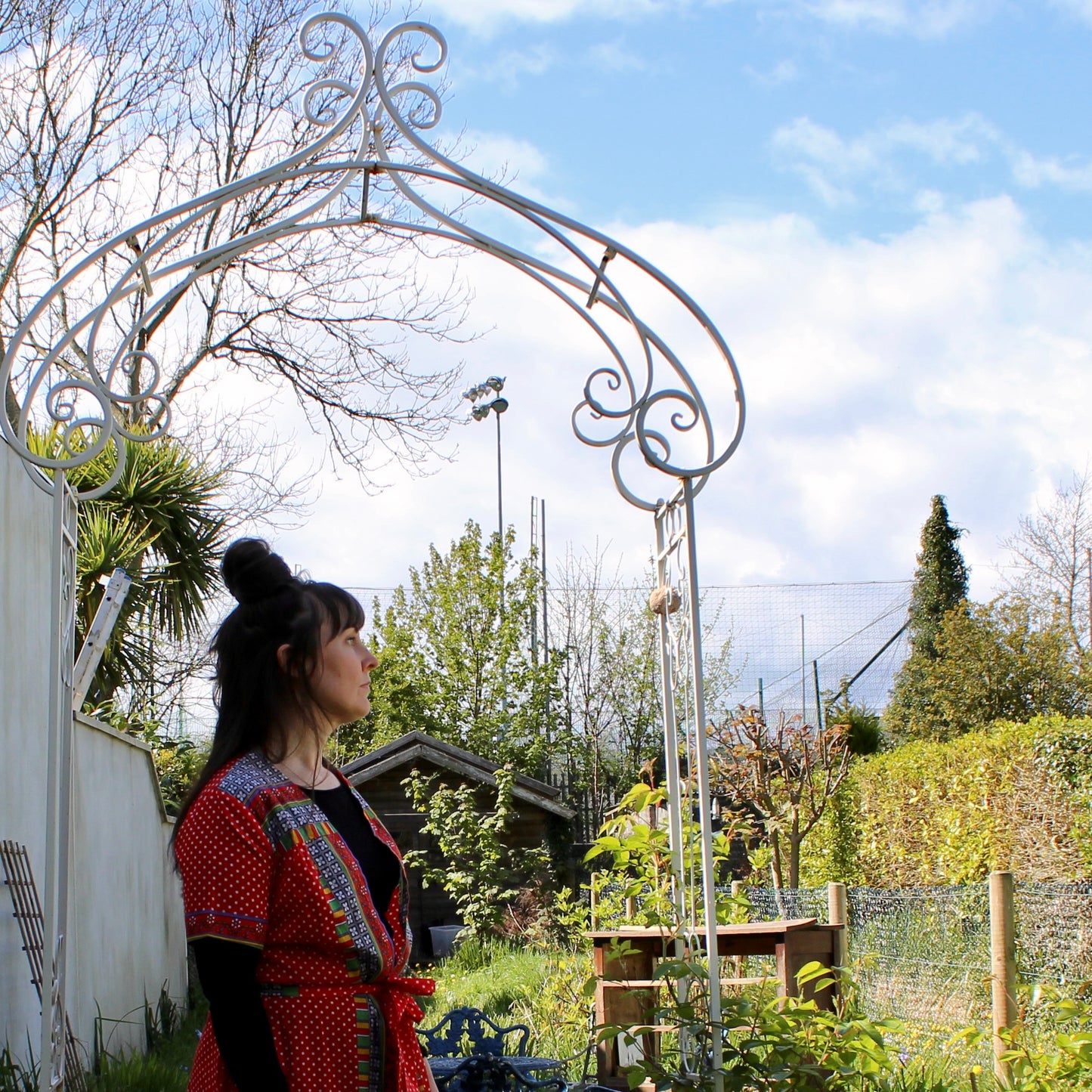Red robe with white polkadot and floral panels