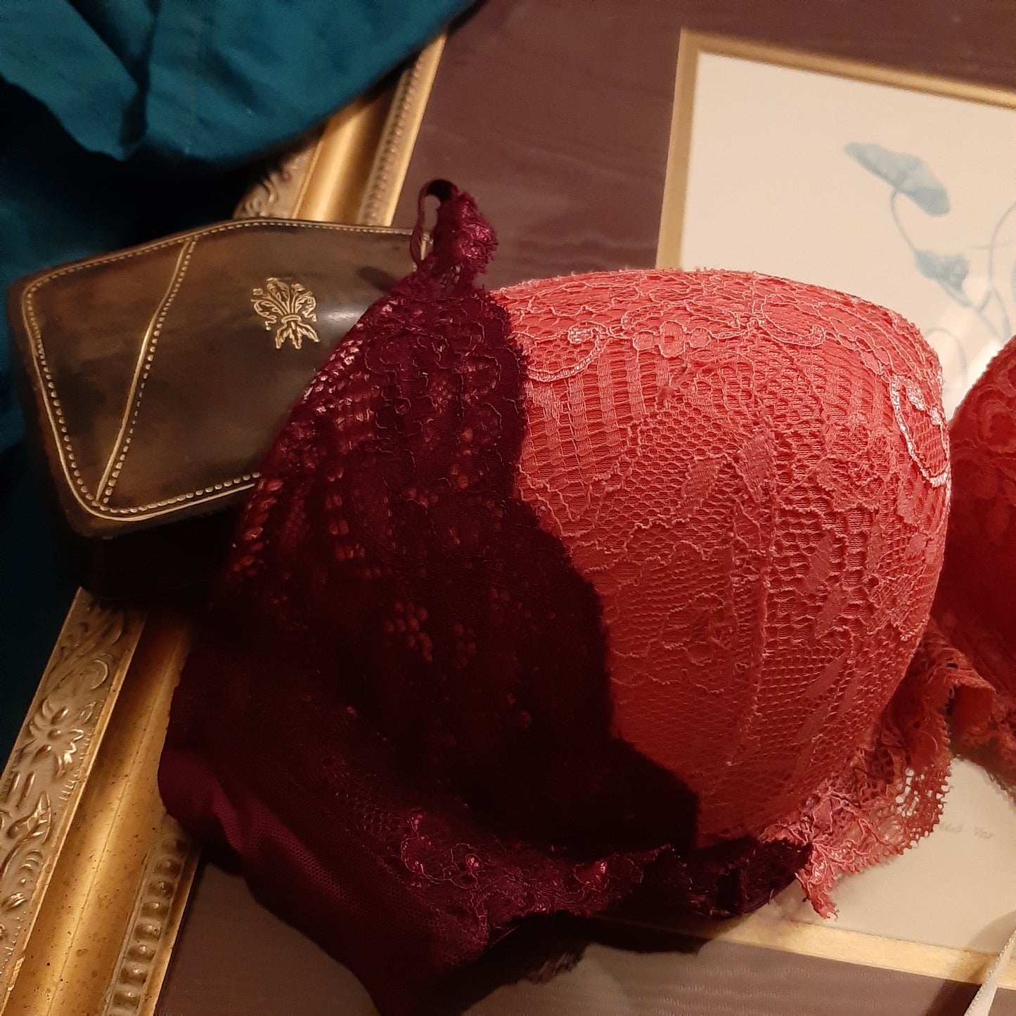 Peach and violet lacey bra