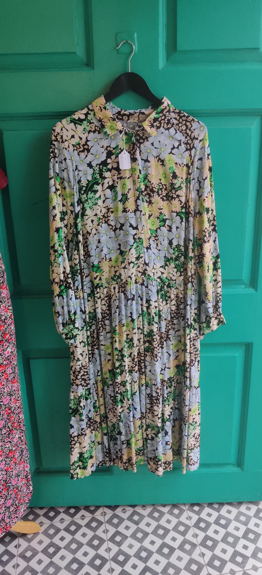 Pre-loved plus size black dress with blue cream and green flowers UK 24