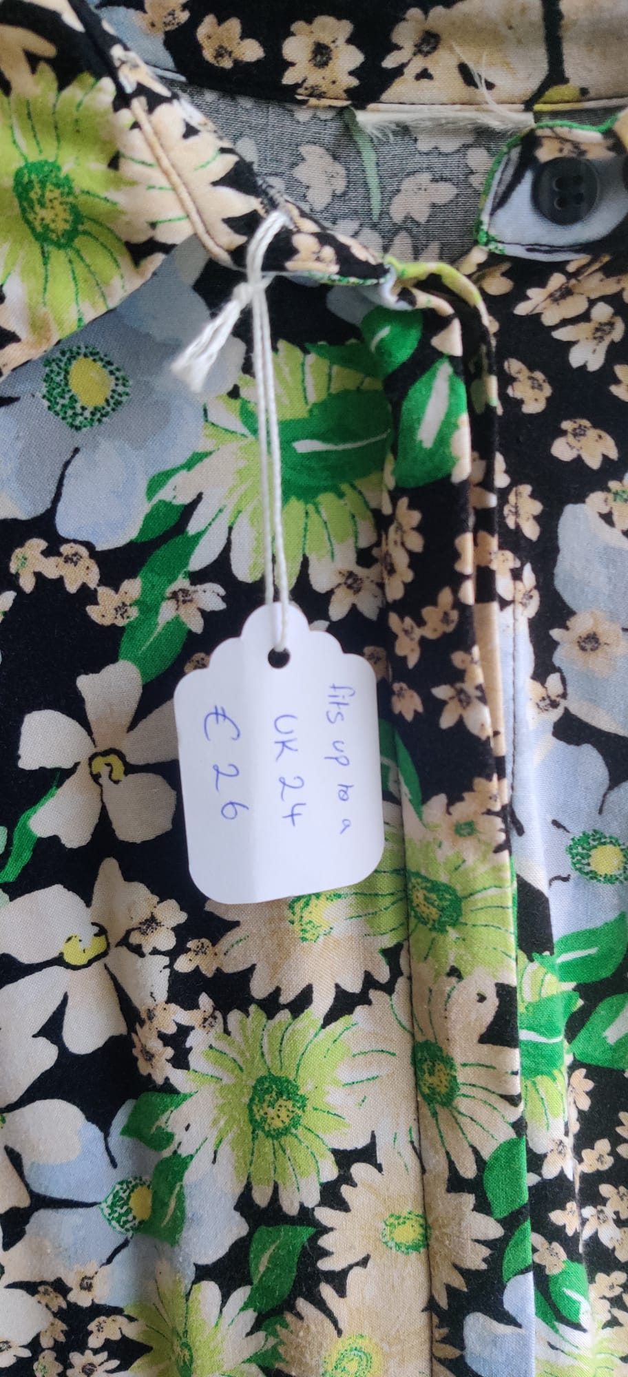 Pre-loved plus size black dress with blue cream and green flowers UK 24