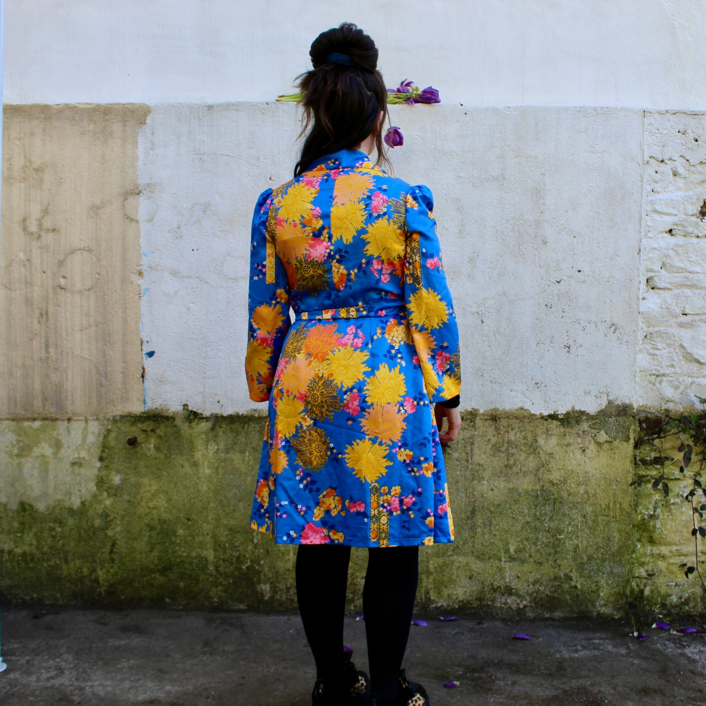 Handmade blue robe with vibrant florals
