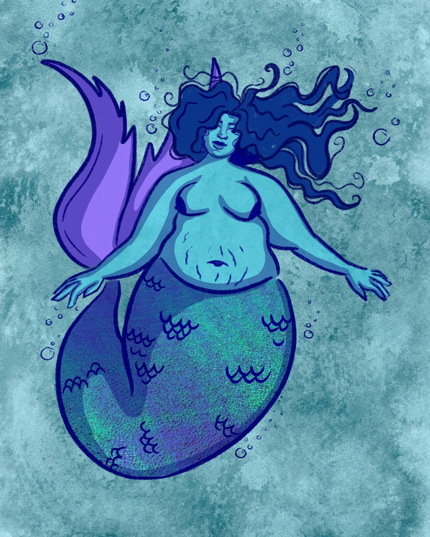 Blue Haired Mermaid Fat Positive Art Print