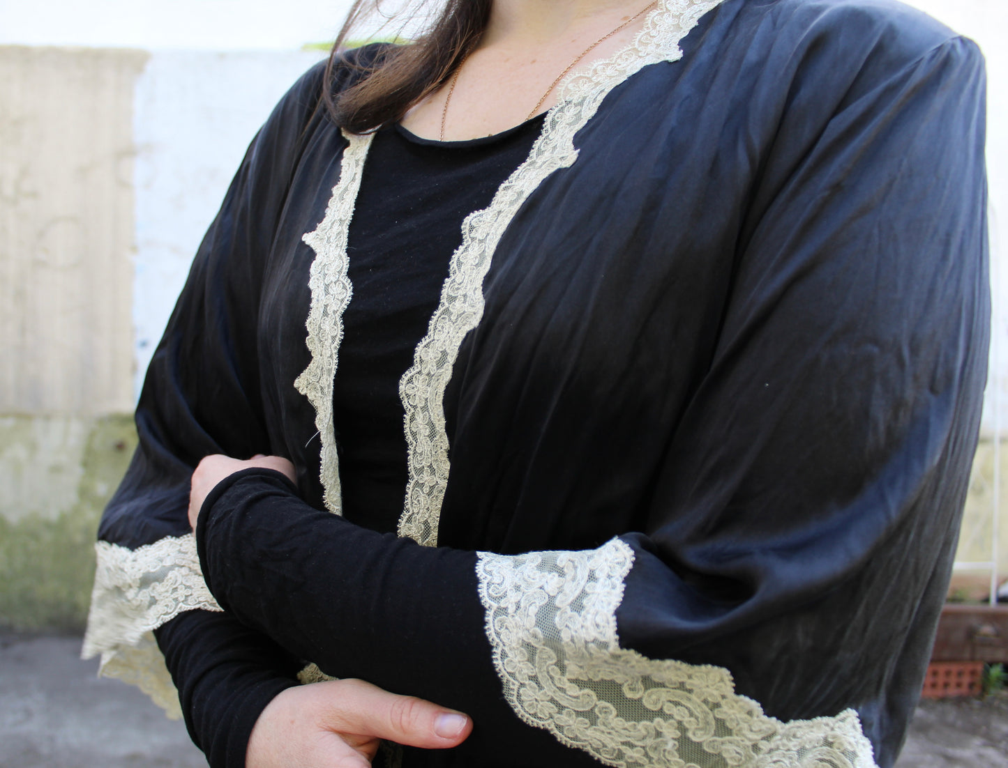 Silky black robe with champagne trim