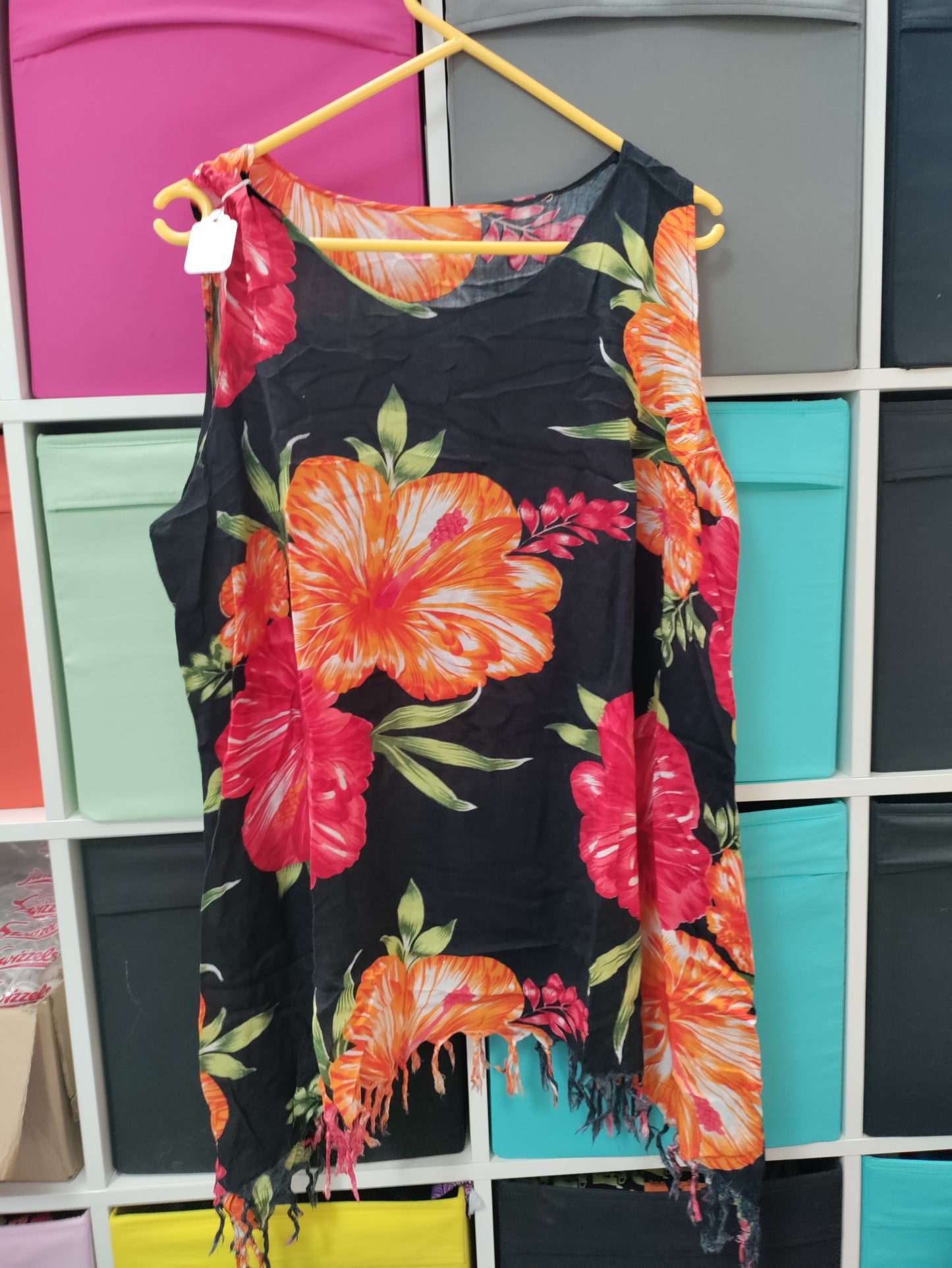 Pre-loved plus size black mini dress / top / singlet / beach cover up with red and orange hibiscus flowers size 22