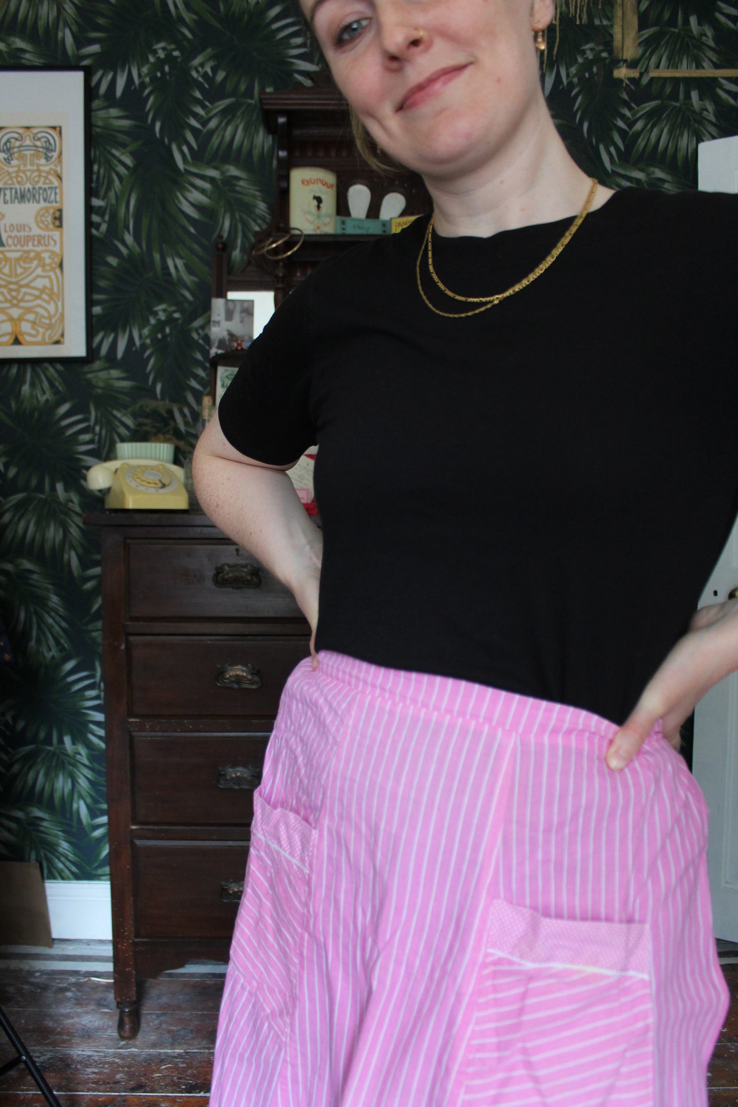 Cute pink half apron with white stripes