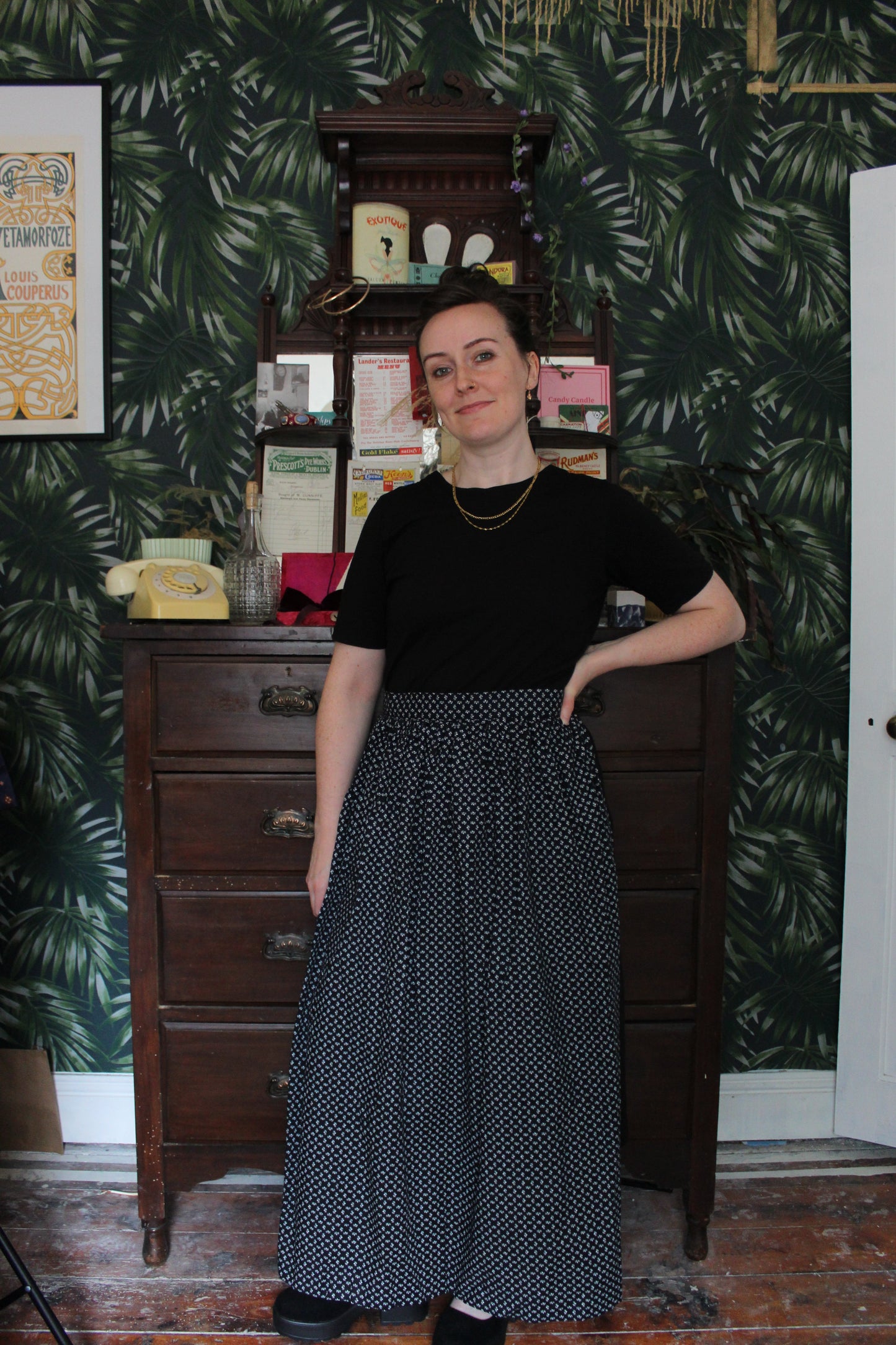 Full length half apron with white floral pattern