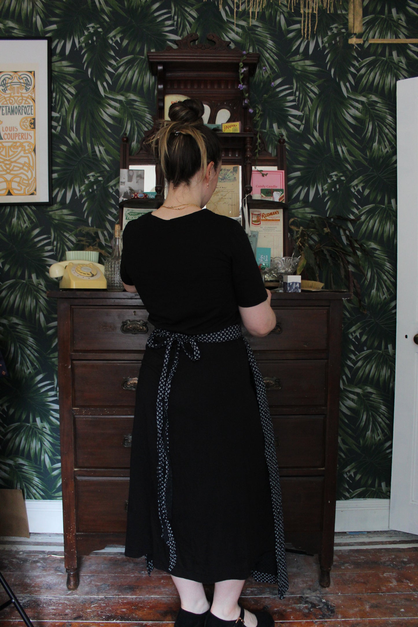 Full length half apron with white floral pattern