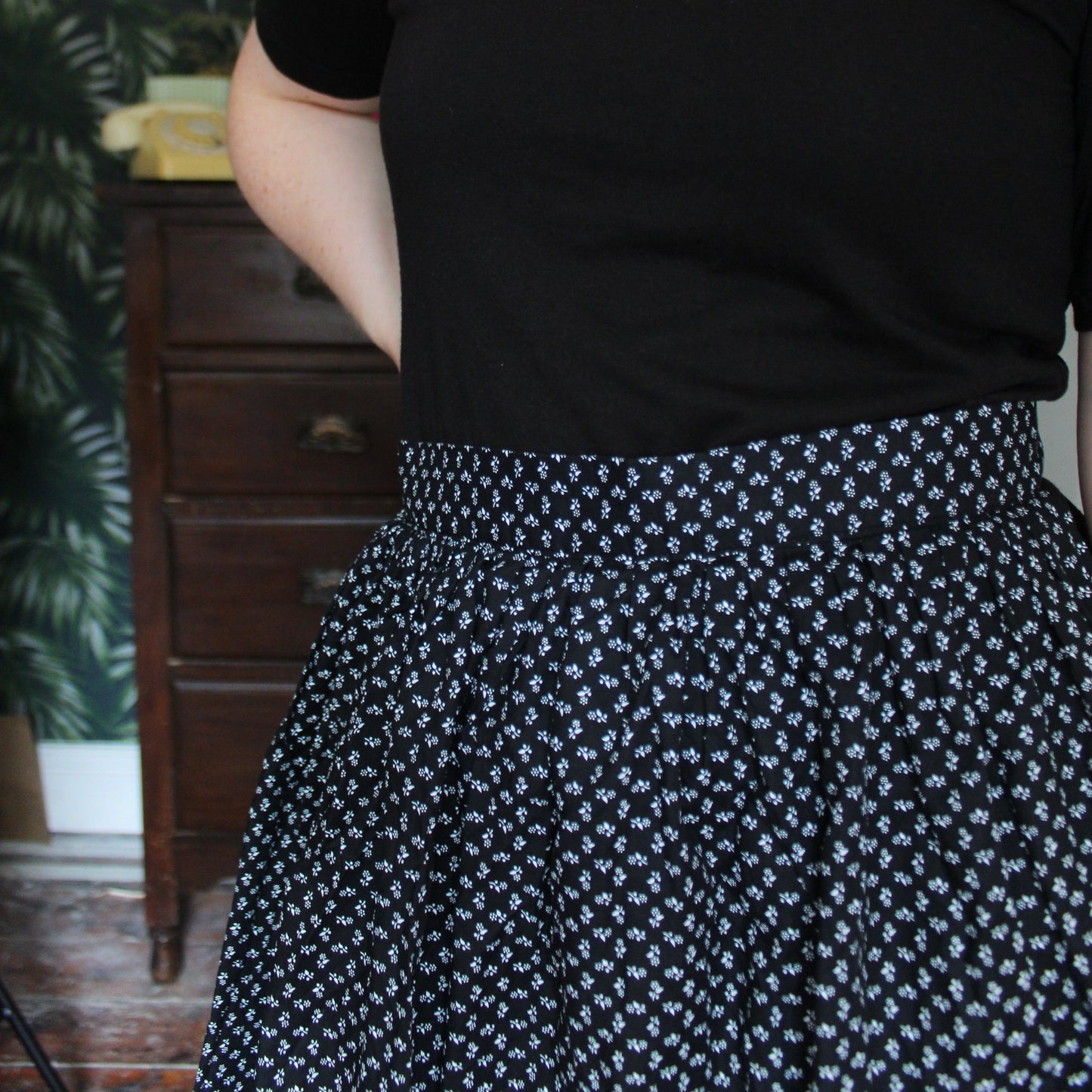 Full length half apron with white floral pattern