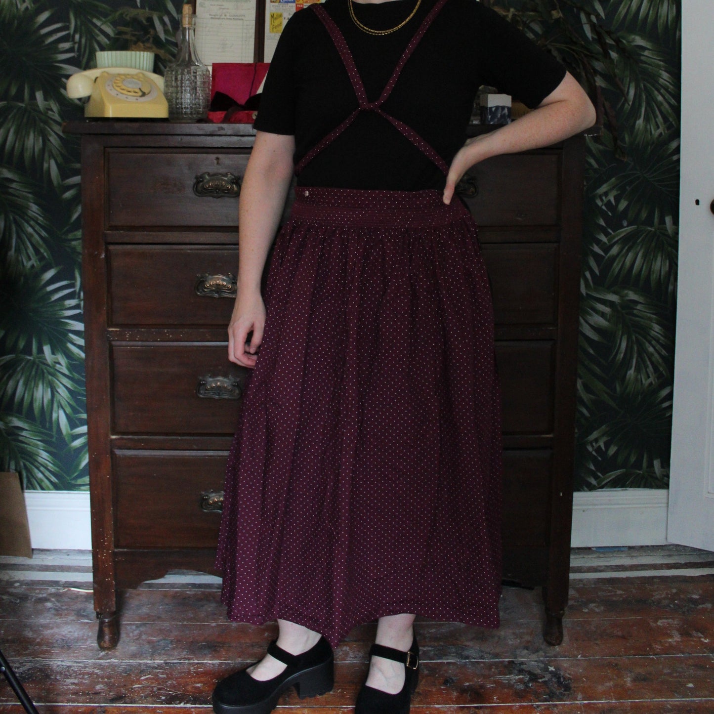 Long fuchsia half apron with white polka dot