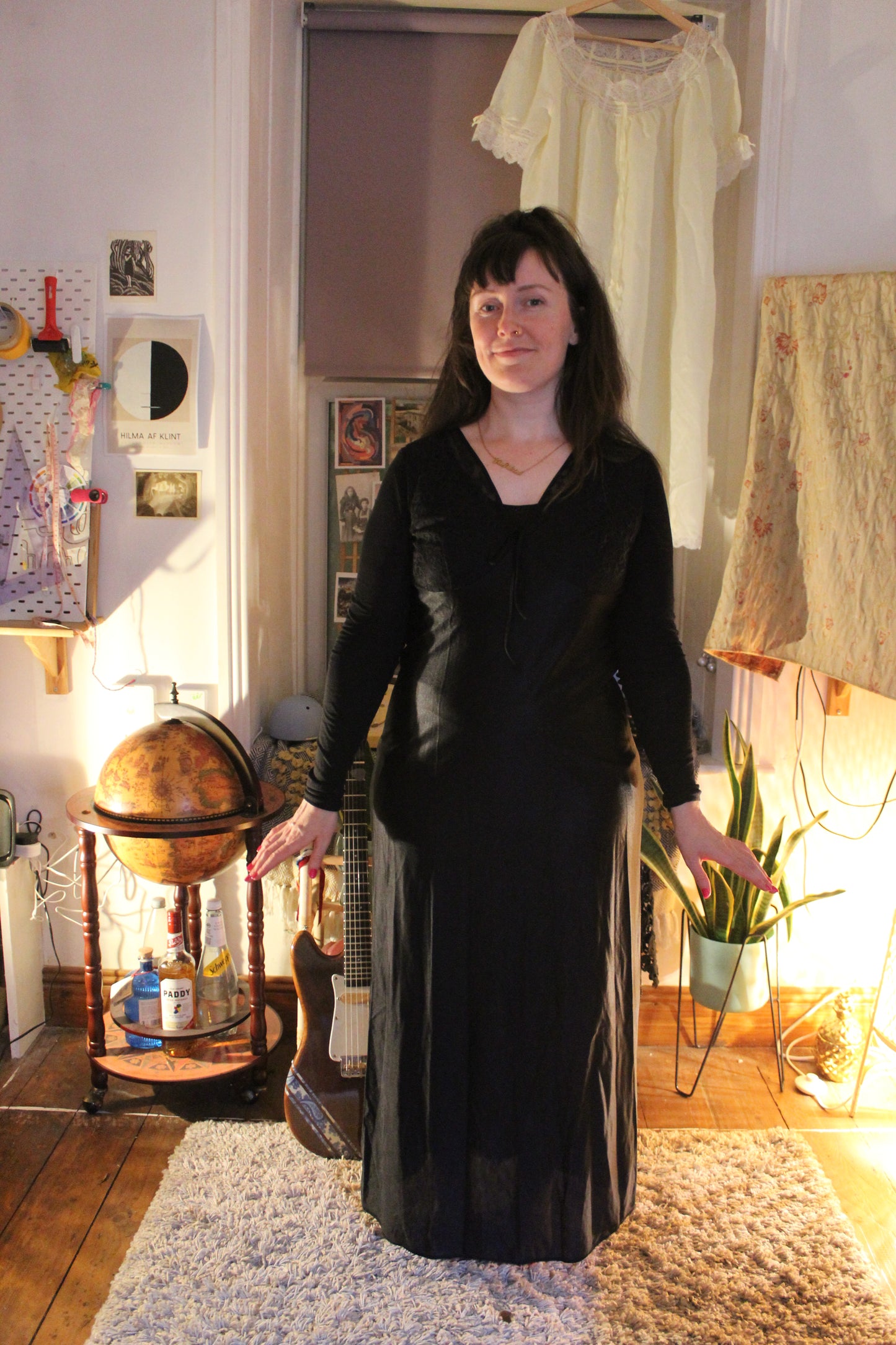 Full length sleeveless black nightgown with daisy mesh bust