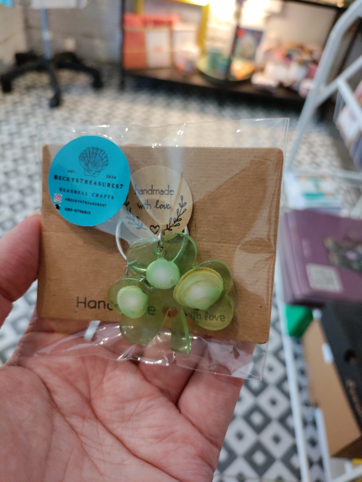 Becky's shamrock and shell resin key chains