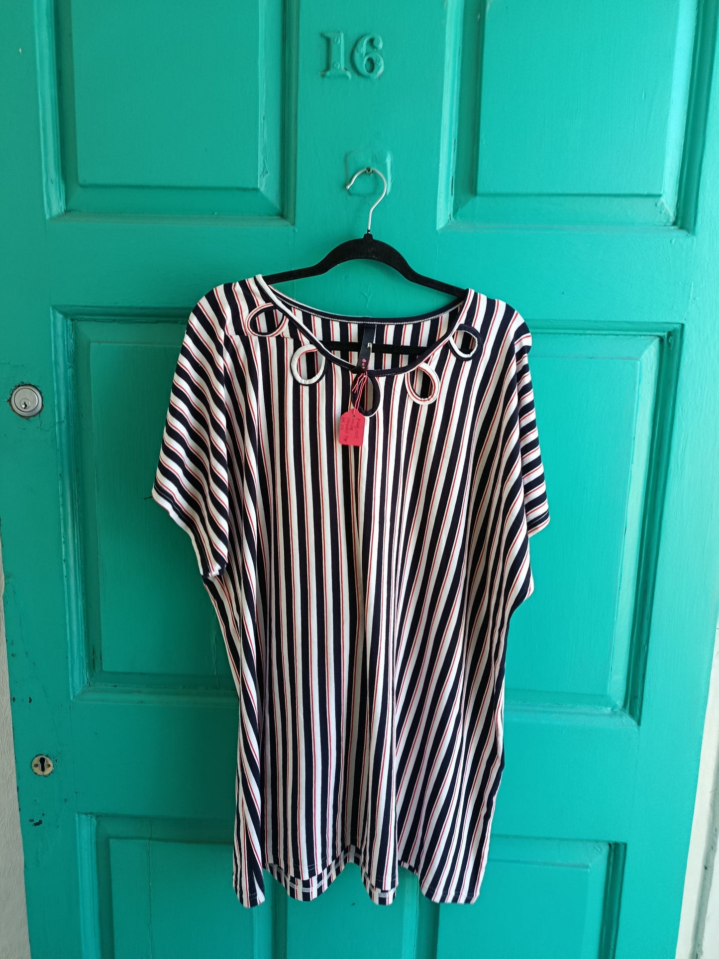 Navy, red white striped top UK 24