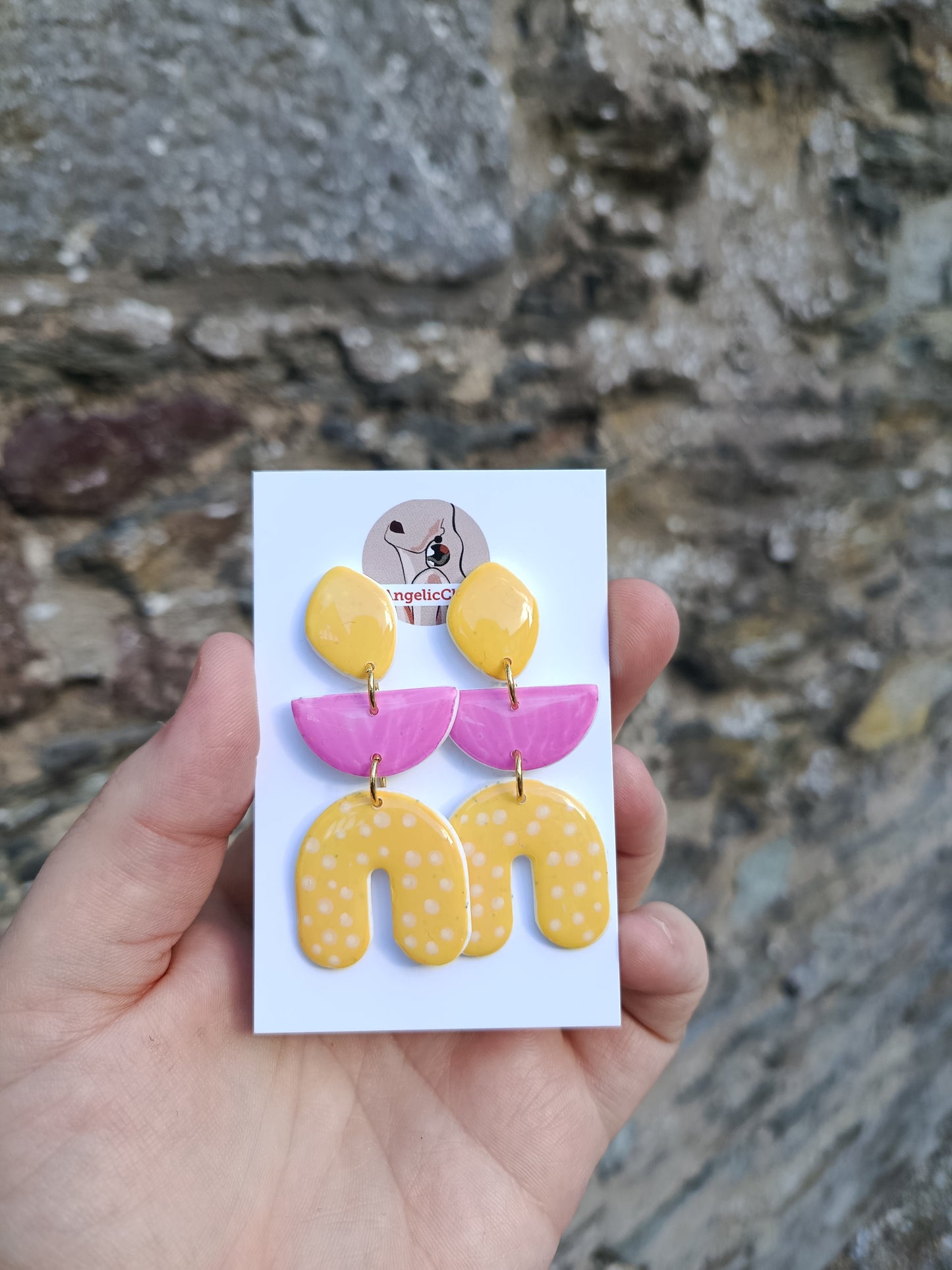 Yellow Polka dots with pink Statement earrings