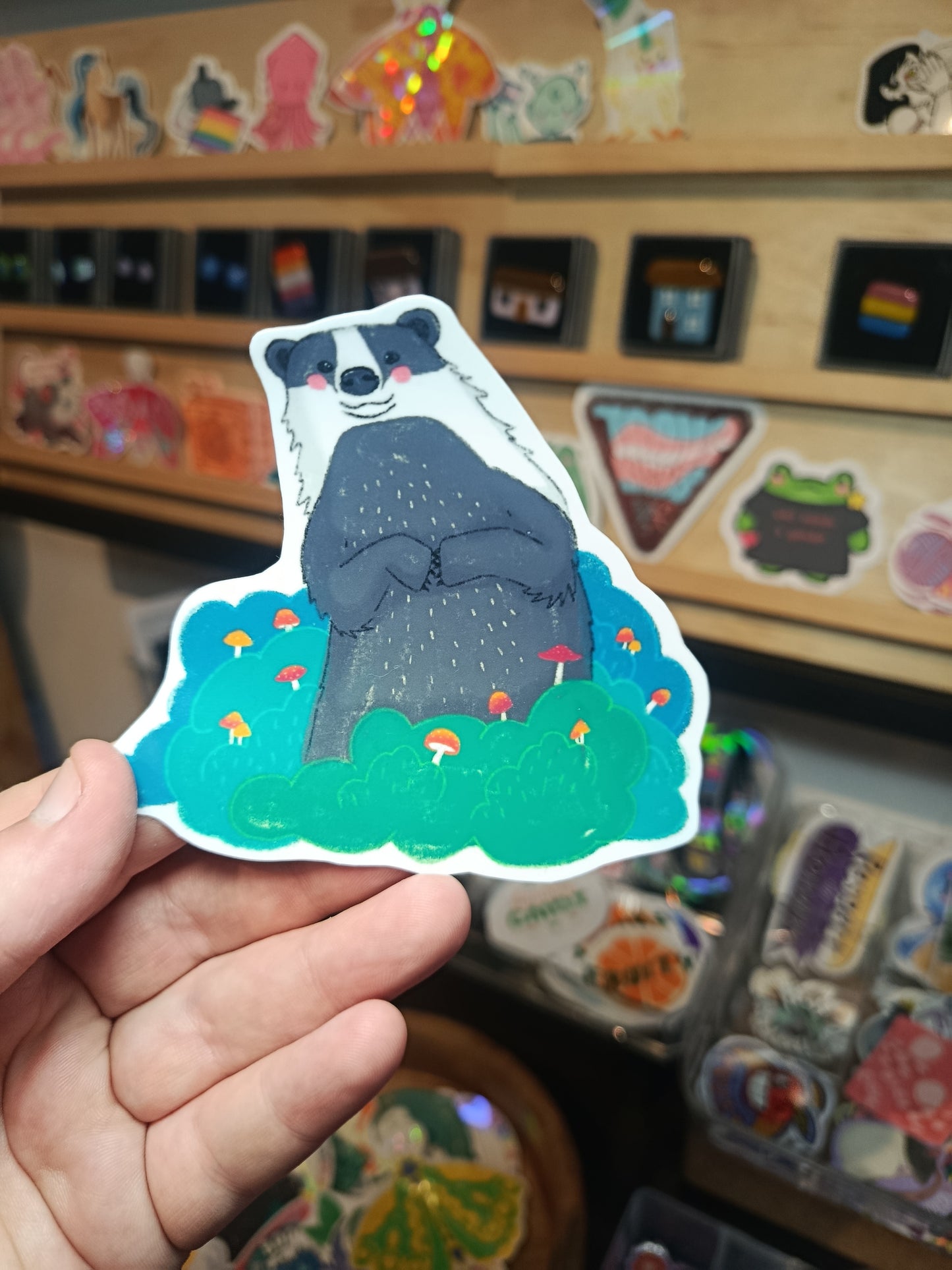 Badger amongst the mushrooms sticker