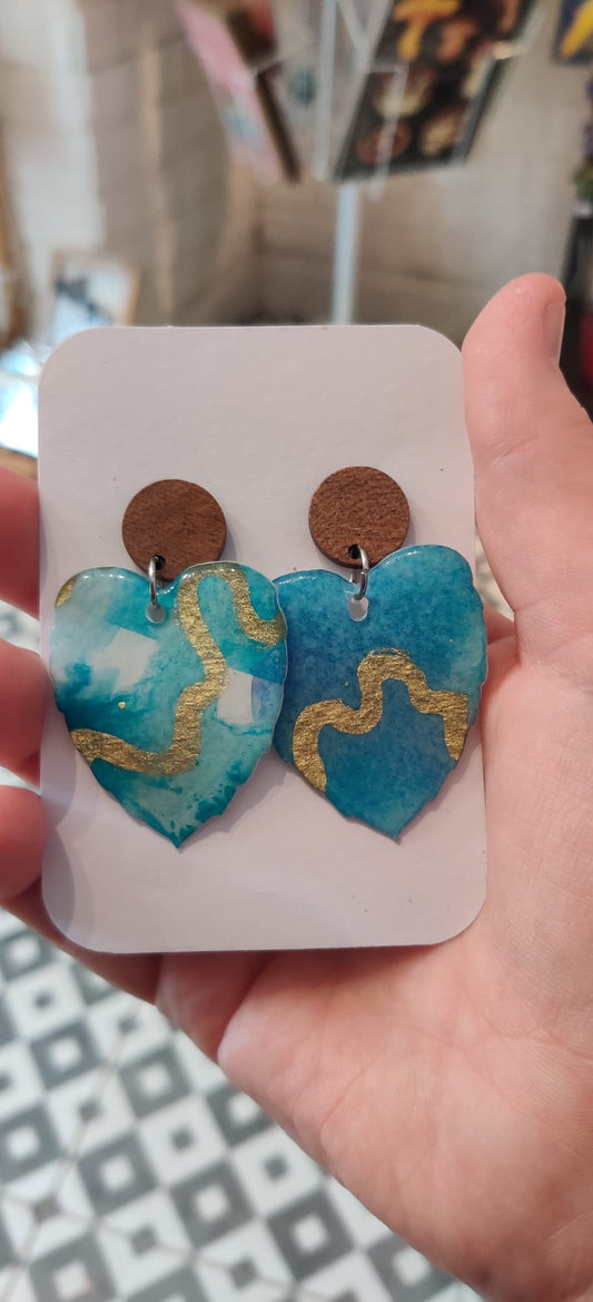 Blue Gold Leaf Earrings