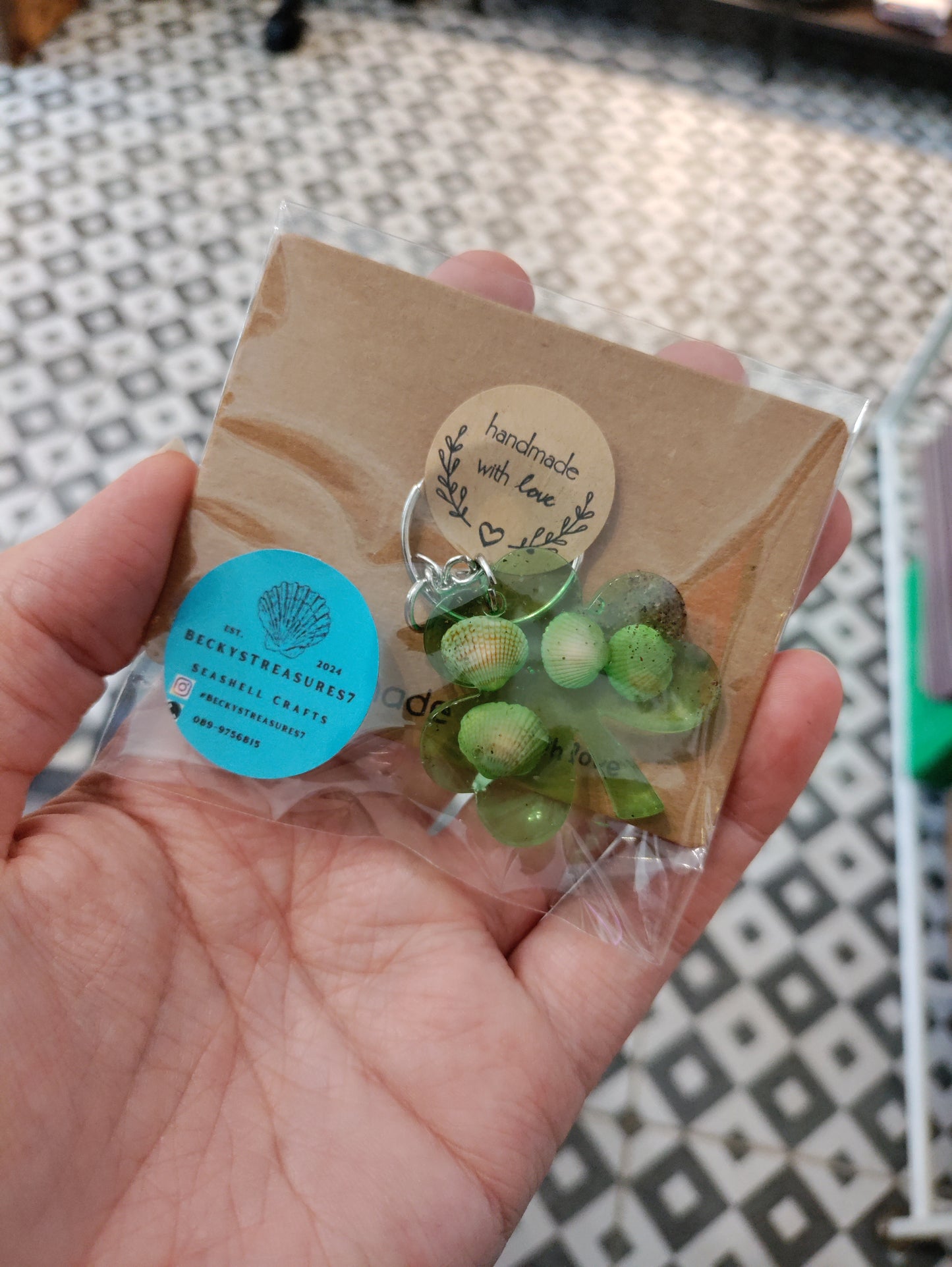 Becky's shamrock and shell resin key chains
