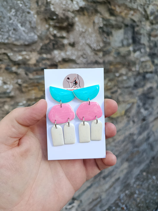 Aqua/Pink and White Statement earrings