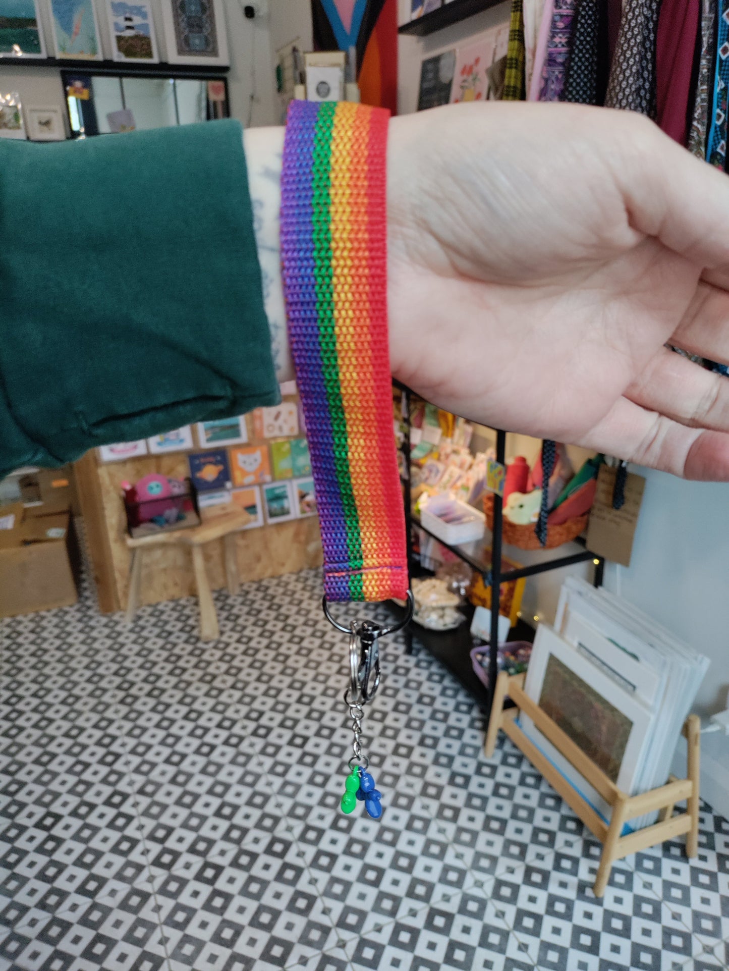 Rainbow wristlet / key chain with metal balloon dogs