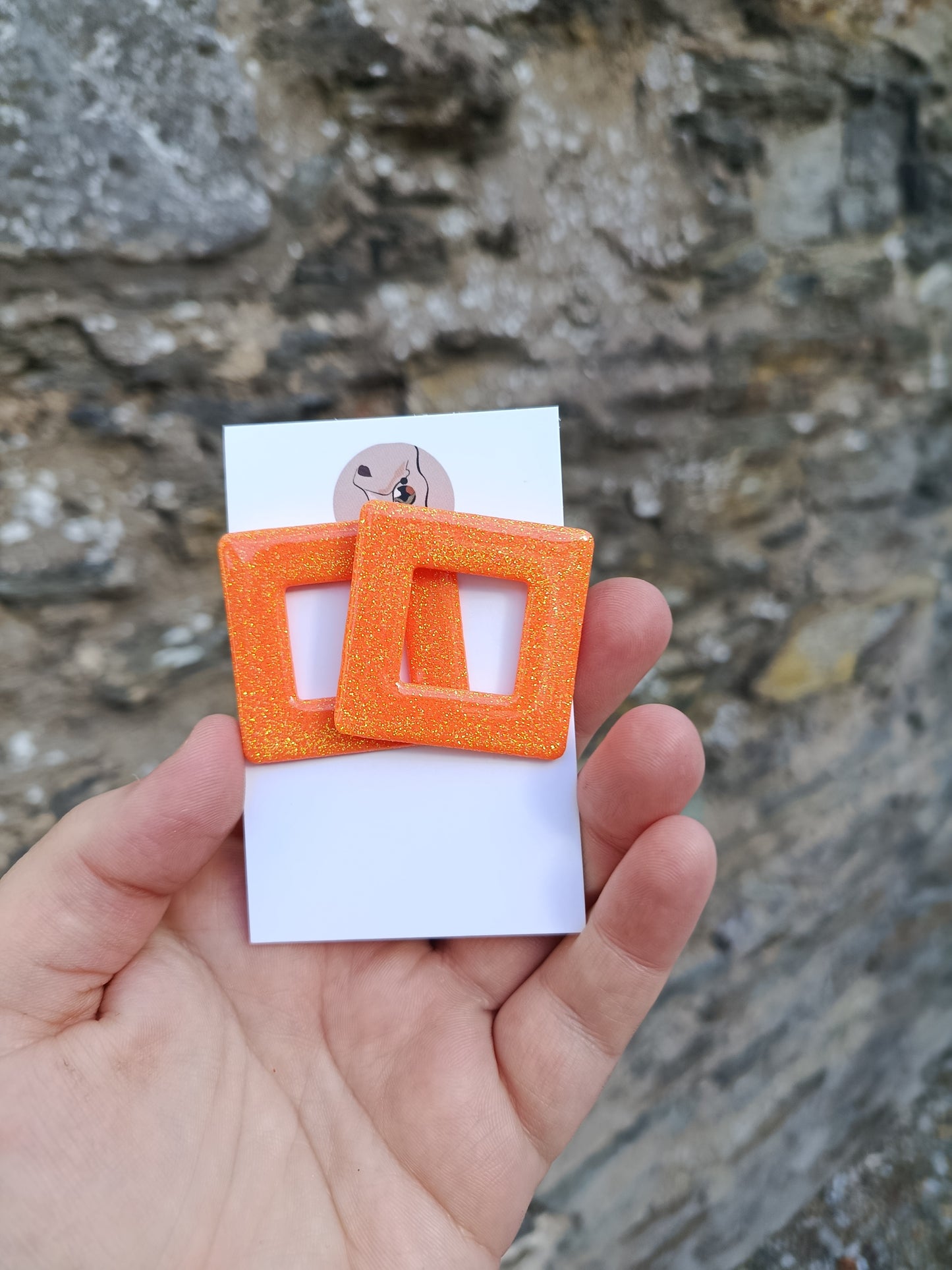 Orange Square Glitter Earrings