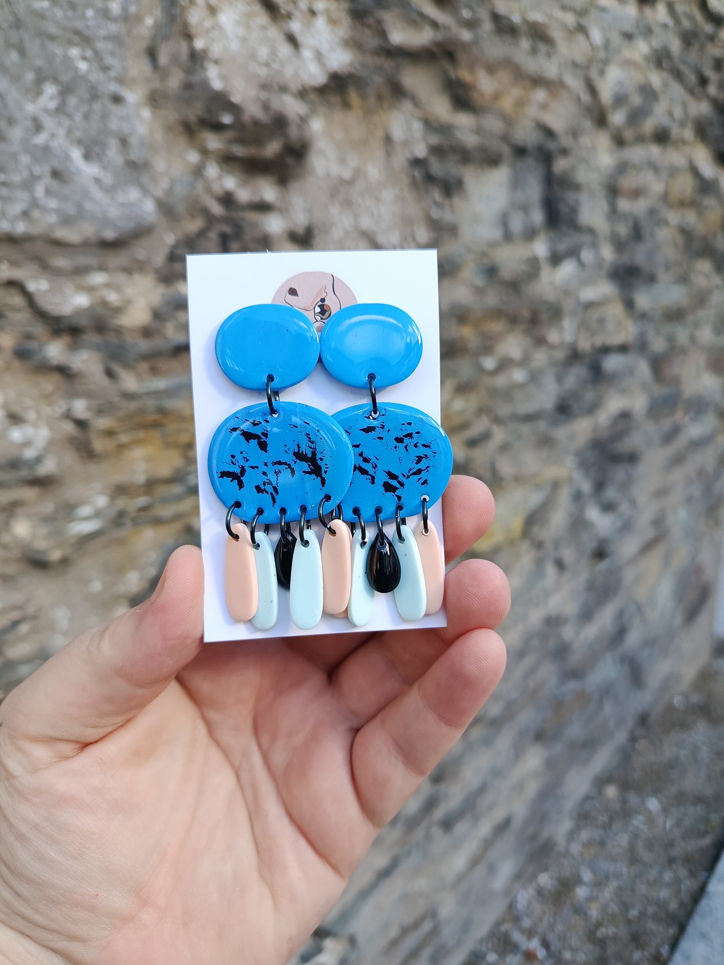 Blue and Black Statement Earrings with Peach and Mint Dangles.