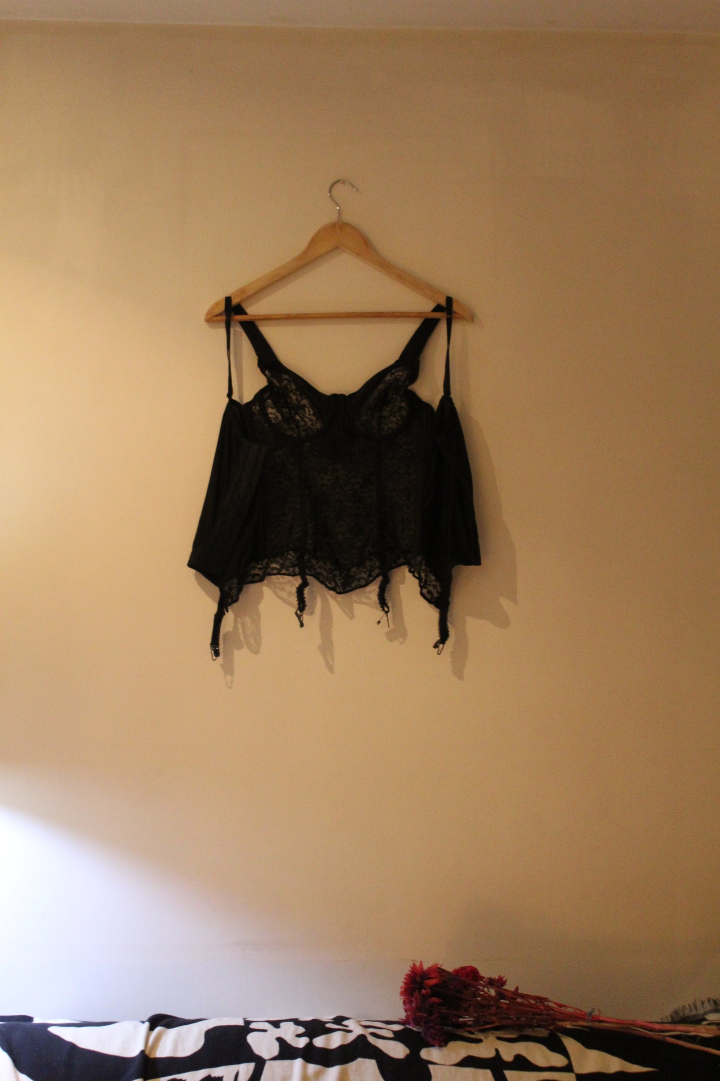 Floral print black corset with garter belts