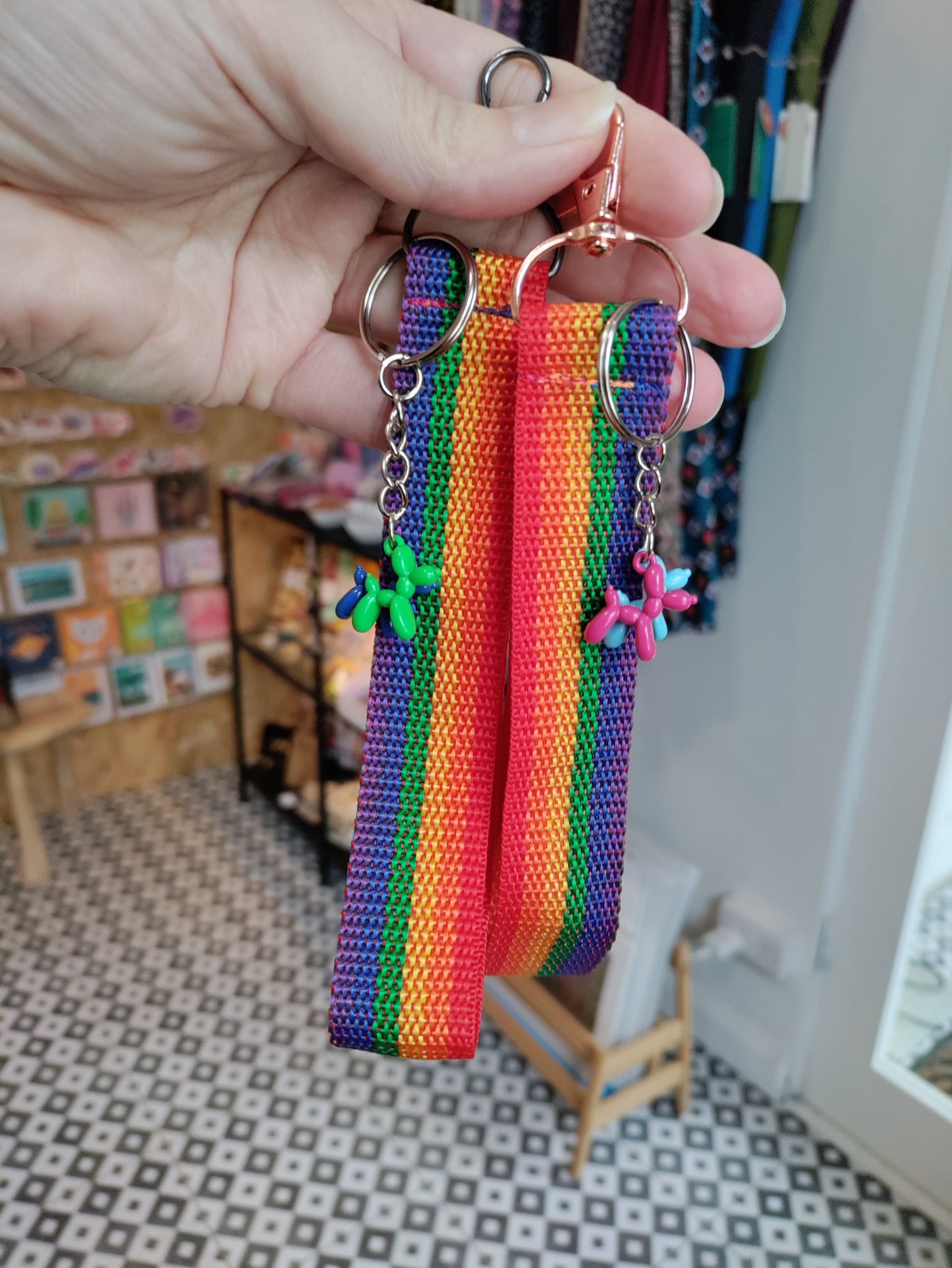 Rainbow wristlet / key chain with metal balloon dogs