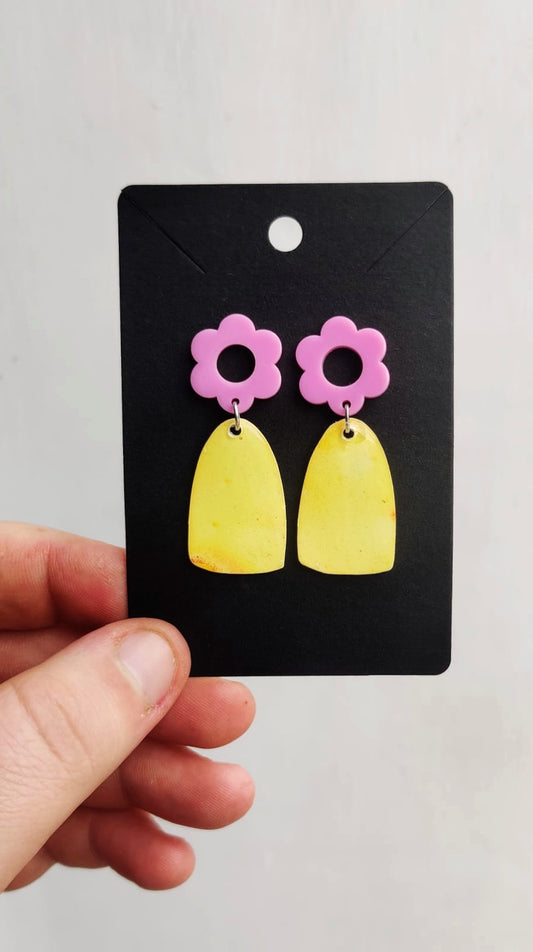 Yellow Hand Painted Drop Earrings with Pink Flower Post