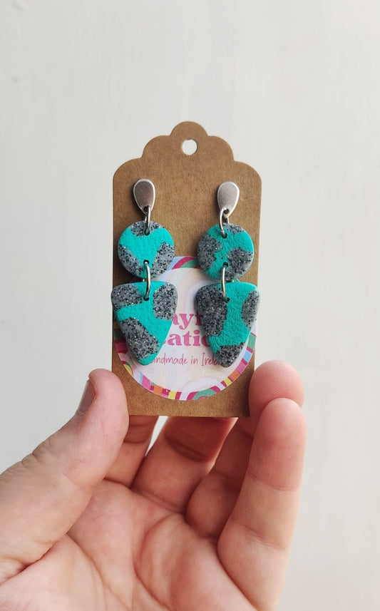 Aqua With Grey Print Statement Earrings