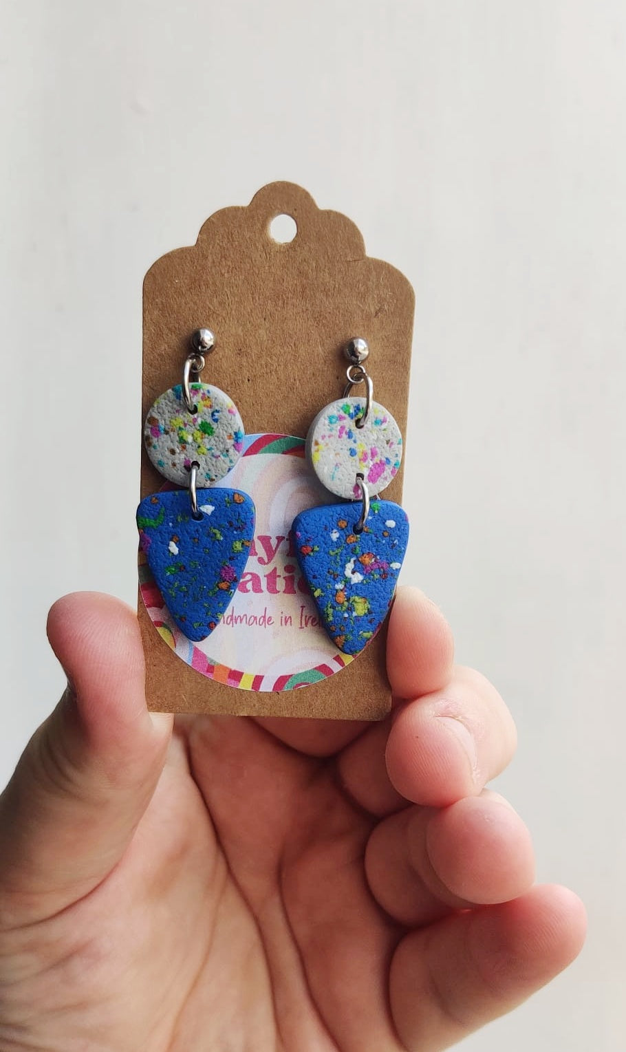 Blue and Grey with Rainbow Speckles Statement Earrings