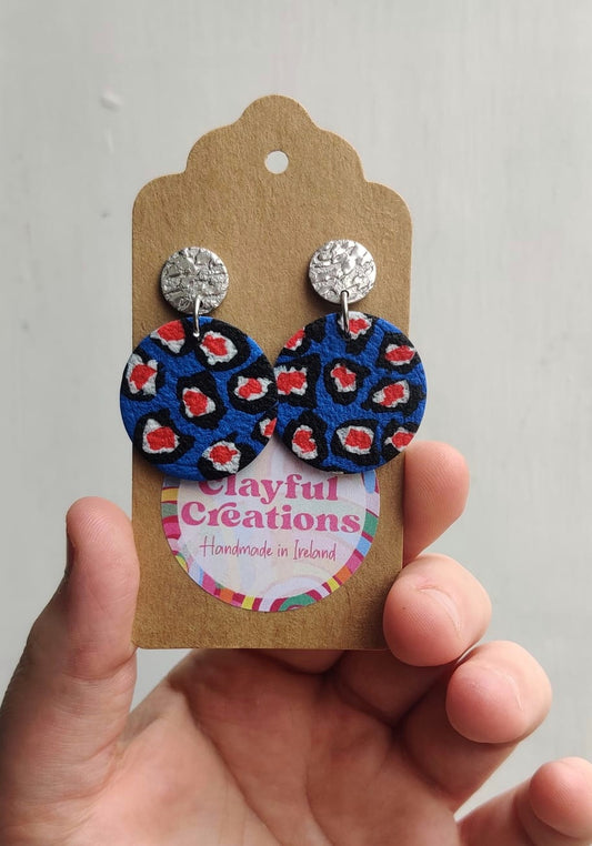 Blue and red leopard print earrings