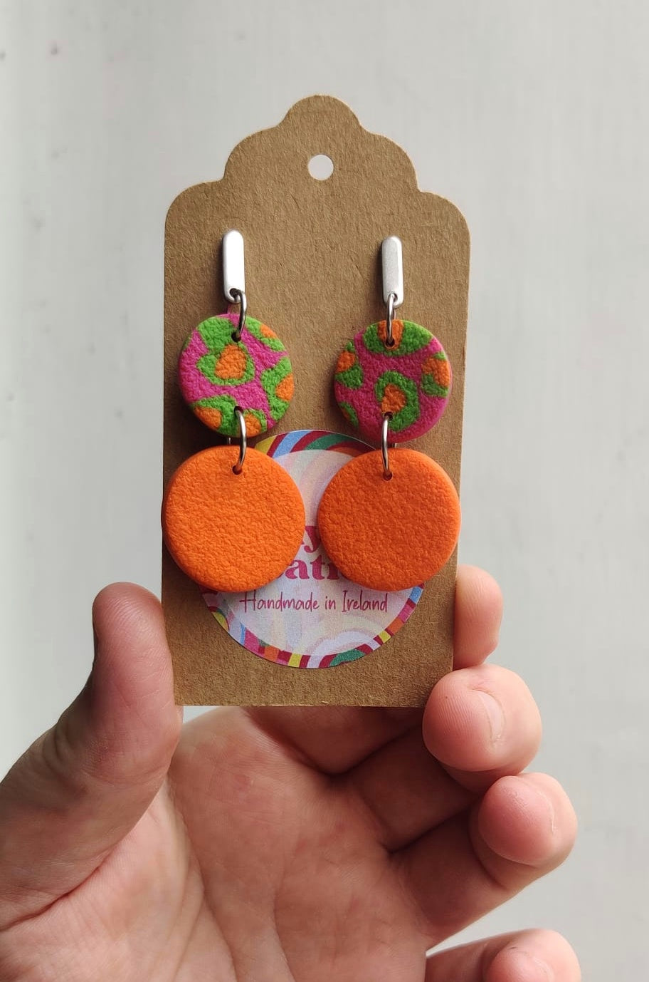 Orange/green/pink abstract statement earrings