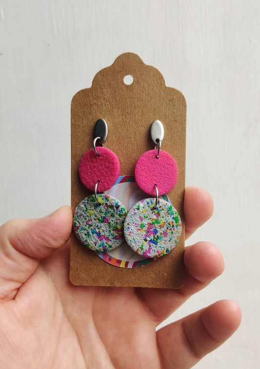 Pink and grey Statement Earrings with Rainbow Speckles