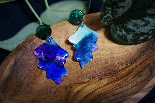 Blue/purple Hand Cut Oak Leaf Earrings with Green Earrings Post