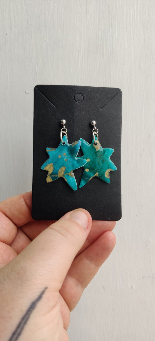 Green and Gold Star Hand Painted Paper Earrings