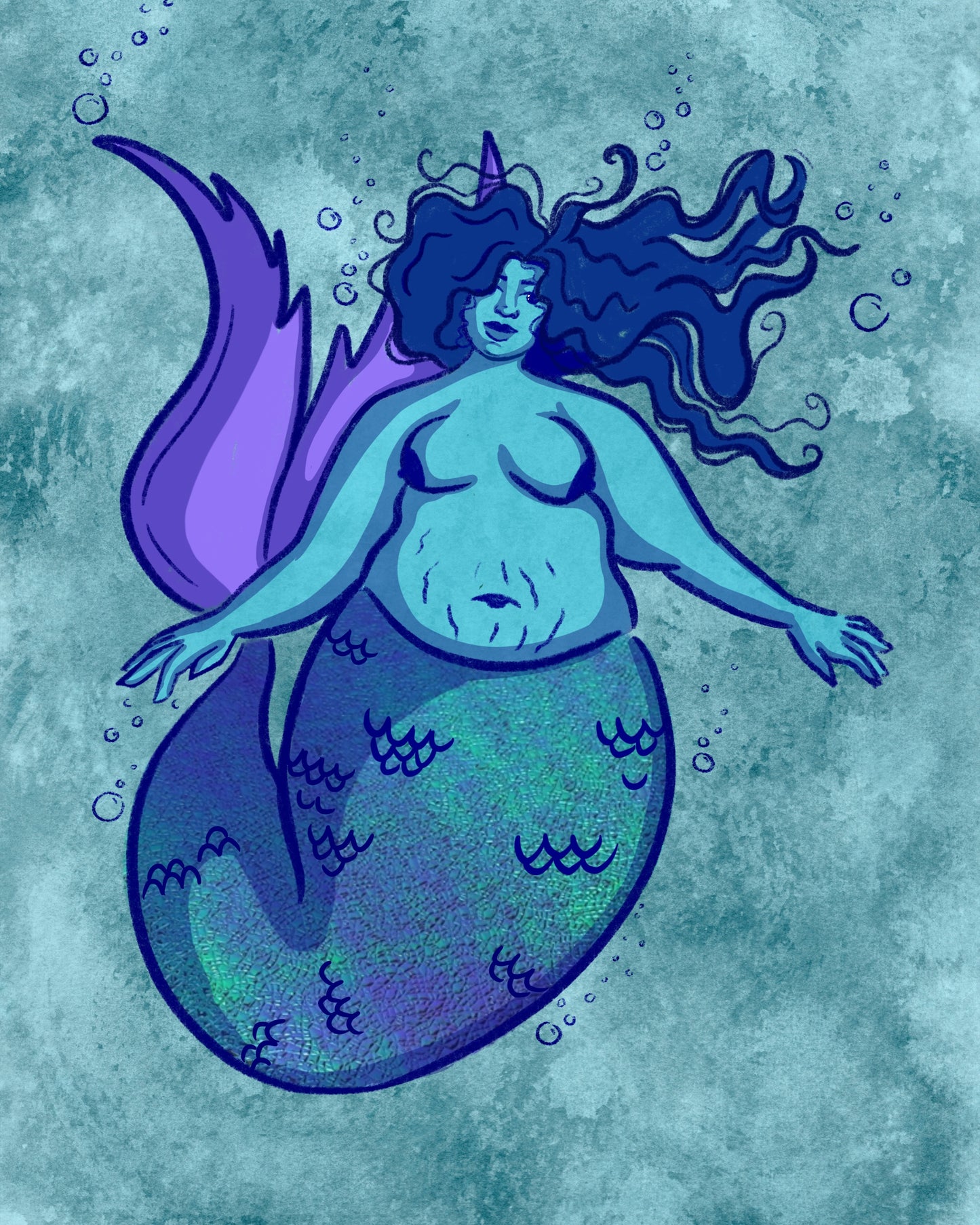 Blue Haired Mermaid Fat Positive Art Print