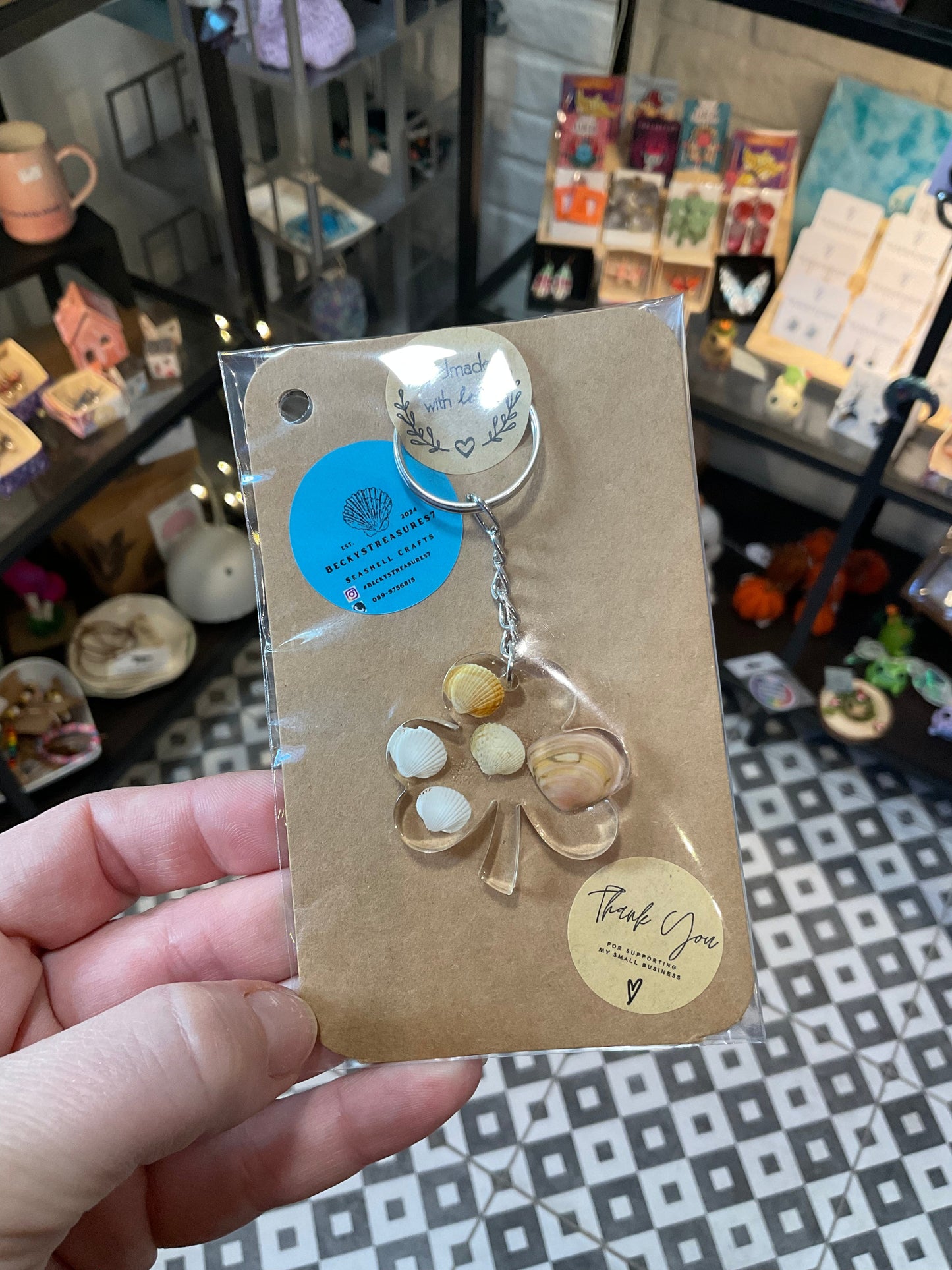 Becky's shamrock and shell resin key chains