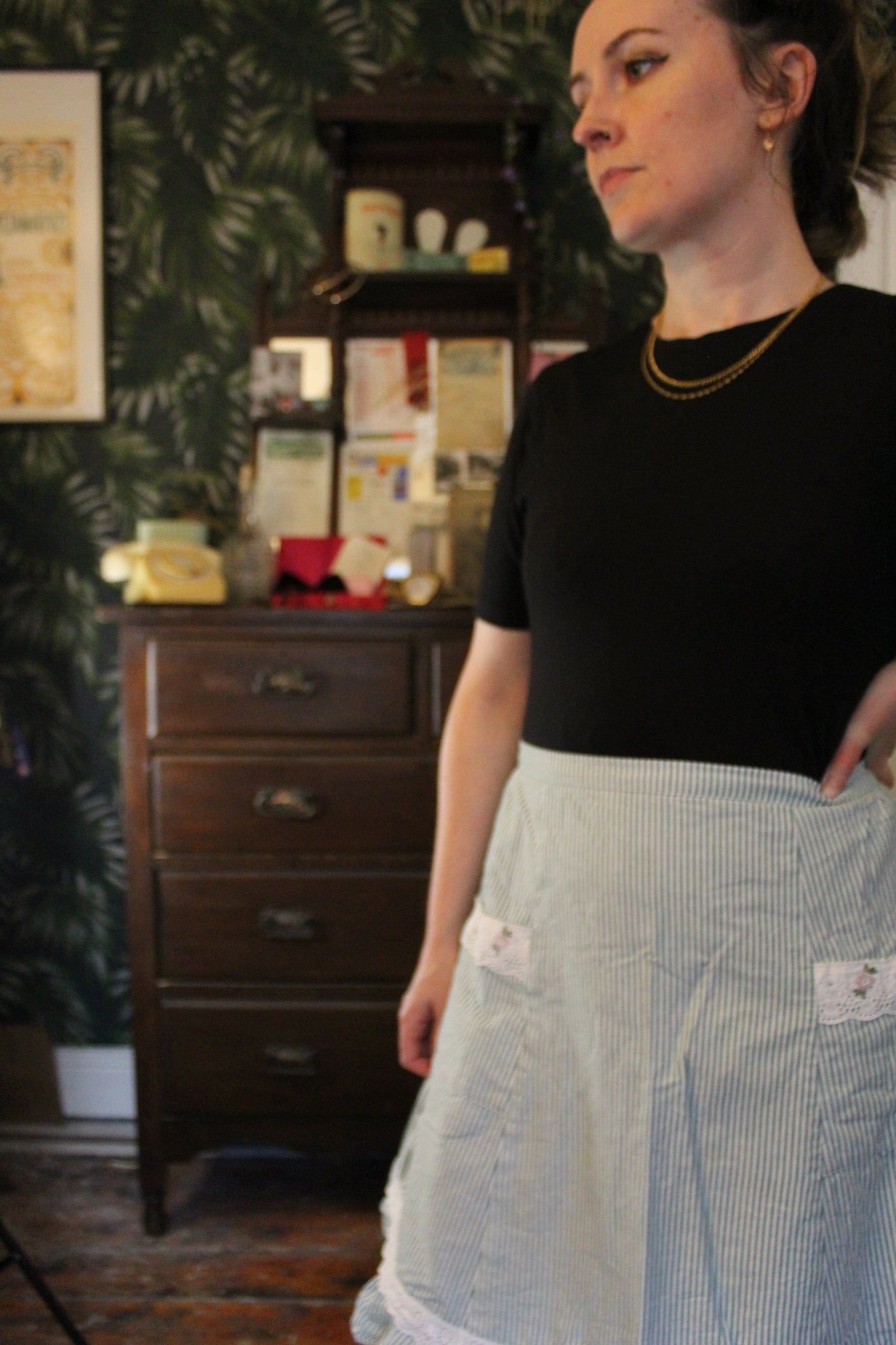 Blue and white striped half apron
