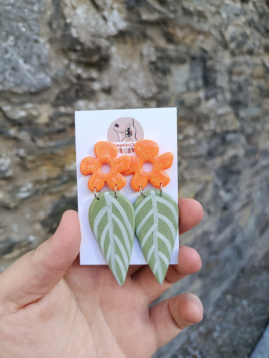Orange Flowers with Green Leaves Statement Earrings