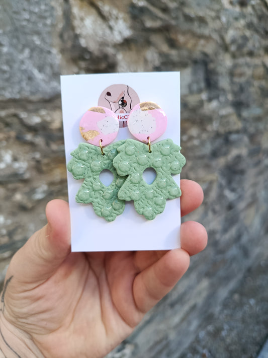 Green Leaf Statement Earrings with Pink Stud