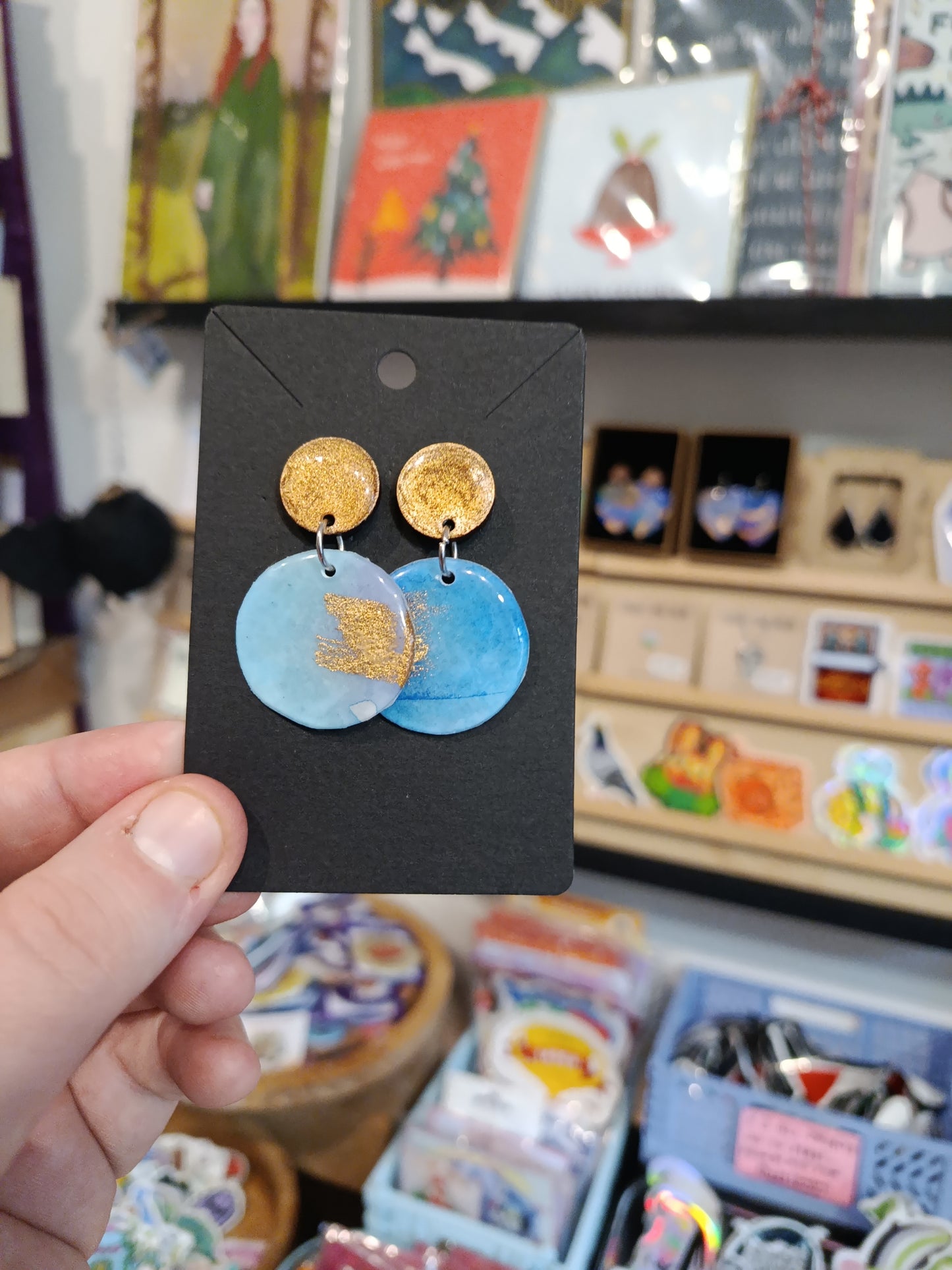 Blue and Gold Round Earrings