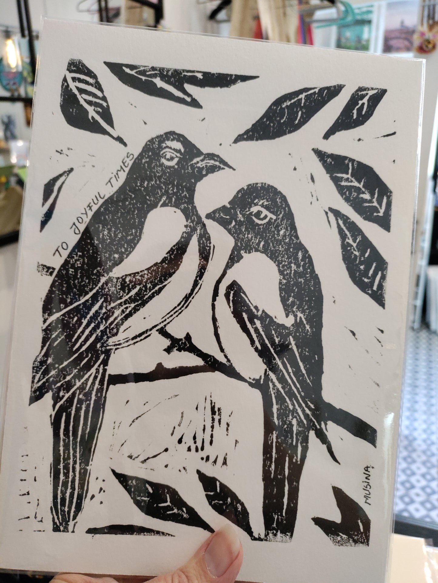 Magpie lino print